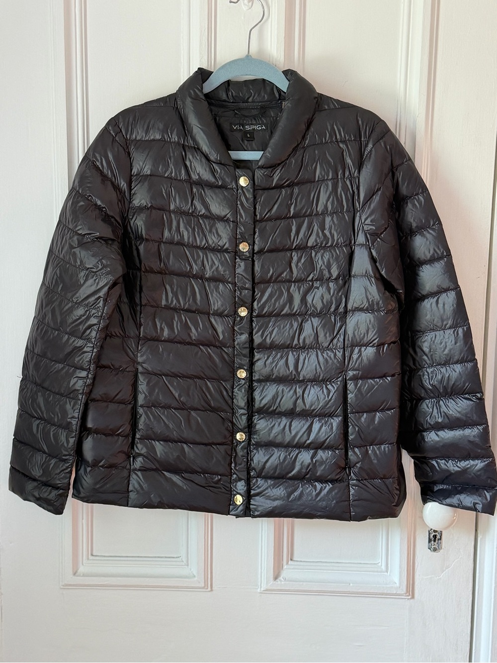 Women’s Via Spiga Black Snap Front Down Puffer Jacket Size Large
